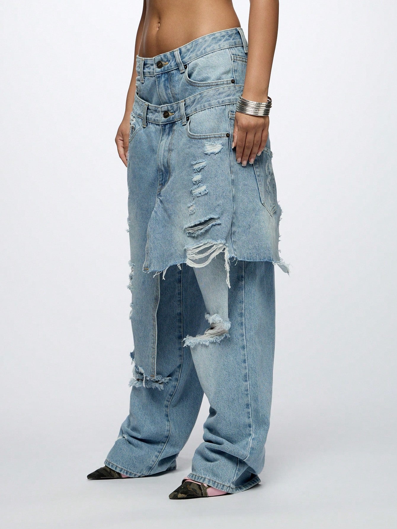 Women's Baggy Overlay Extreme Ripped Jeans for Chic Casual Looks XS S M XS-S-M-L-
