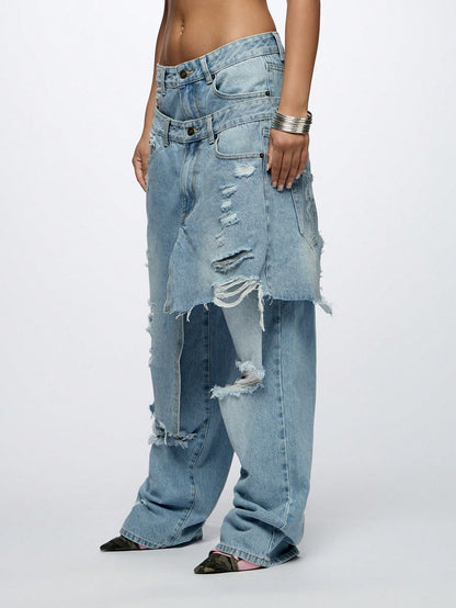 Women's Baggy Overlay Extreme Ripped Jeans for Chic Casual Looks XS S M XS-S-M-L-