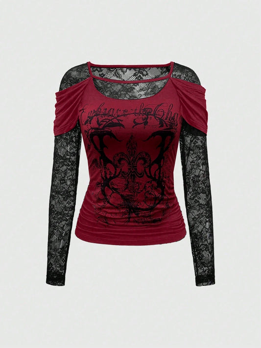 Gothic Elegance: Distressed Lace Contrast Fitted Tee for Women