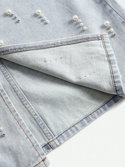 Chic Beaded Denim Skirt - Slimming Style for Spring/Summer S M L S-M-L-XL-