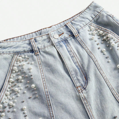 Chic Beaded Denim Skirt - Slimming Style for Spring/Summer S M L S-M-L-XL-