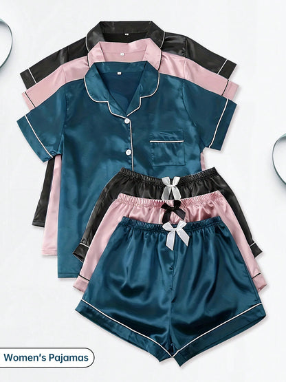 Luxurious 6-Piece Women's Satin Pajama Set: Short Sleeve Shirt & Shorts Loungewear SET-2