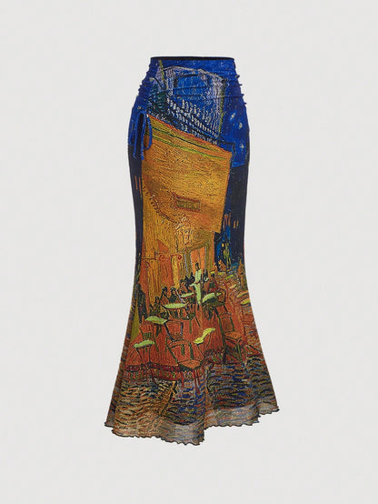 Van Gogh-Inspired Fish Tail Knitted Skirt for Women