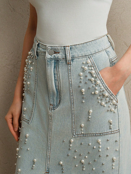 Chic Beaded Denim Skirt - Slimming Style for Spring/Summer S M L S-M-L-XL-