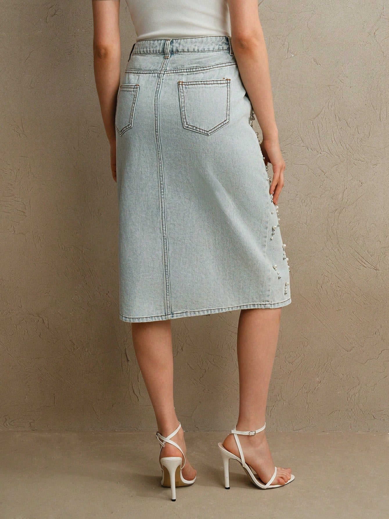 Chic Beaded Denim Skirt - Slimming Style for Spring/Summer S M L S-M-L-XL-