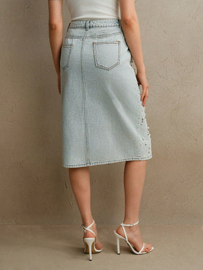 Chic Beaded Denim Skirt - Slimming Style for Spring/Summer S M L S-M-L-XL-