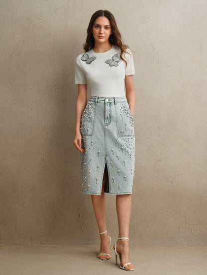 Chic Beaded Denim Skirt - Slimming Style for Spring/Summer S M L S-M-L-XL-