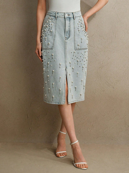 Chic Beaded Denim Skirt - Slimming Style for Spring/Summer S M L S-M-L-XL-