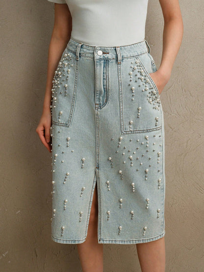 Chic Beaded Denim Skirt - Slimming Style for Spring/Summer S M L S-M-L-XL-