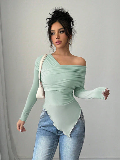 Chic Elenzga Solid Color Oblique Shoulder Long Sleeve Slim Fit Casual T-Shirt for Effortless Style Mint Green