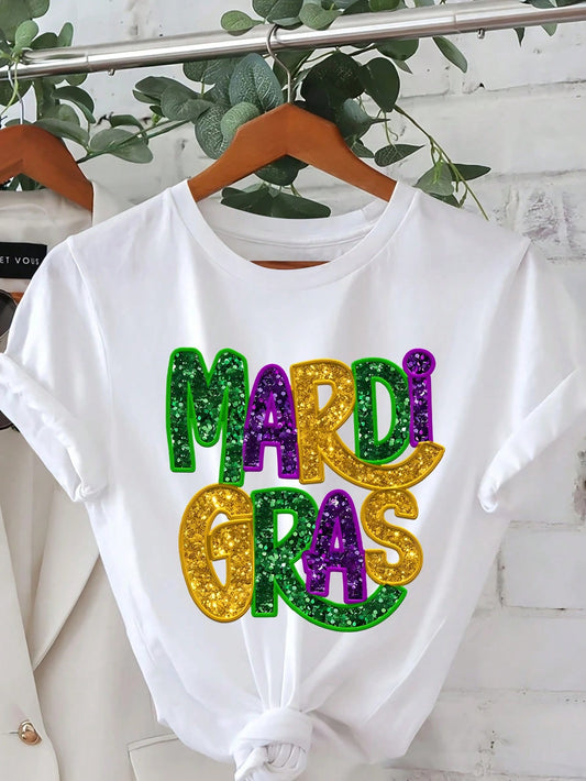 Vibrant Mardi Gras Cartoon Graphic Tee – Casual Crew Neck for Spring/Summer Black / S Black / M 