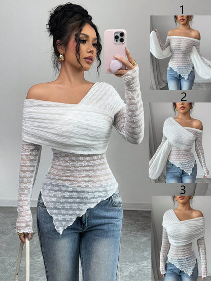 Chic Elenzga Solid Color Oblique Shoulder Long Sleeve Slim Fit Casual T-Shirt for Effortless Style White