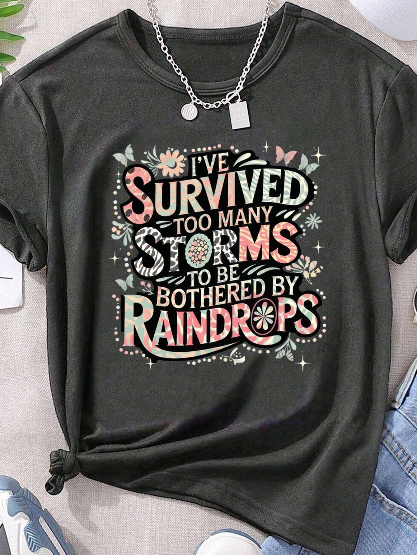 Plus Size Short Sleeved T-Shirt - Too Many Storms Graphic Tee Grey