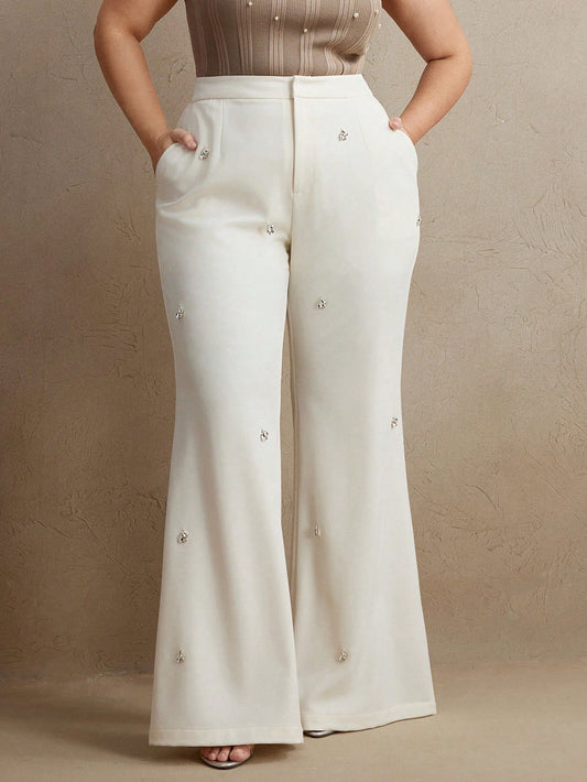 Chic Plus Size Faux Pearl Studded Flared Pants 0XL 1XL 2XL 0XL-1XL-2XL-3XL-