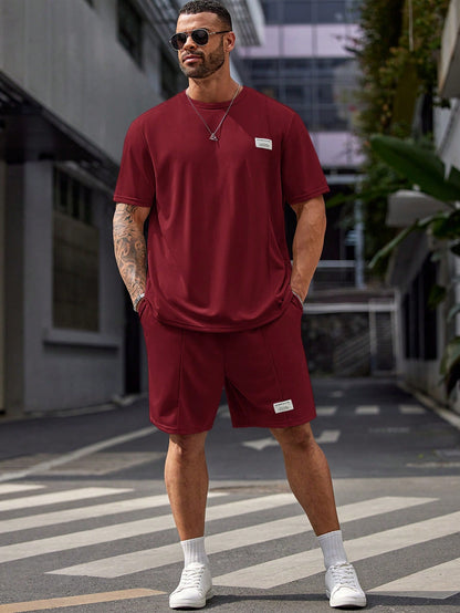 Plus Size Men's Casual T-Shirt and Pajama Pants Set Burgundy