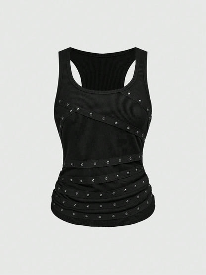 Grunge Punk Sleeveless Black Tank Top with Studded Rhinestones XS S M XS-S-M-