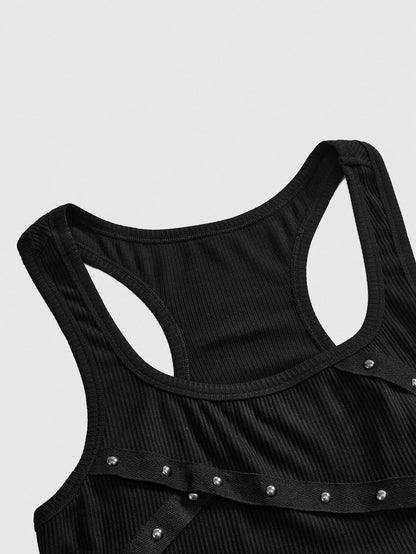 Grunge Punk Sleeveless Black Tank Top with Studded Rhinestones XS S M XS-S-M-