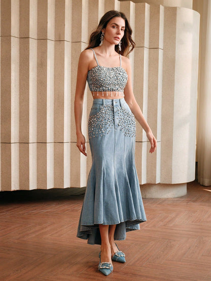 Sparkling Elegance: Rhinestone-Embellished Denim Skirt for Women Light Wash / S Light Wash / M Light Wash / L Light Wash / S-Light Wash / M-Light Wash / L-Light Wash / XL-Dark Wash / S-Dark Wash / M-Dark Wash / L-Dark Wash / XL-Blue / S-Blue / M-Blue / L-Blue / XL-