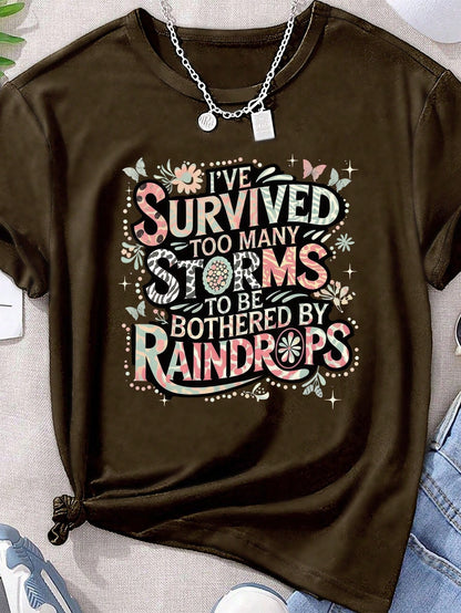 Plus Size Short Sleeved T-Shirt - Too Many Storms Graphic Tee Coffee Brown