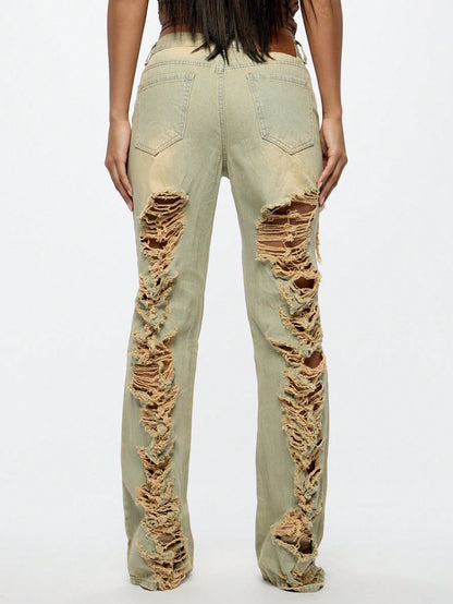 SUMWON WOMEN Shredded Light Wash Denim Jeans 25 26 27 25-26-27-28-29-30-