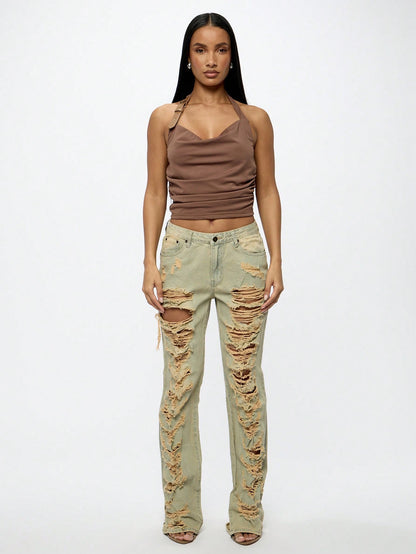 SUMWON WOMEN Shredded Light Wash Denim Jeans 25 26 27 25-26-27-28-29-30-