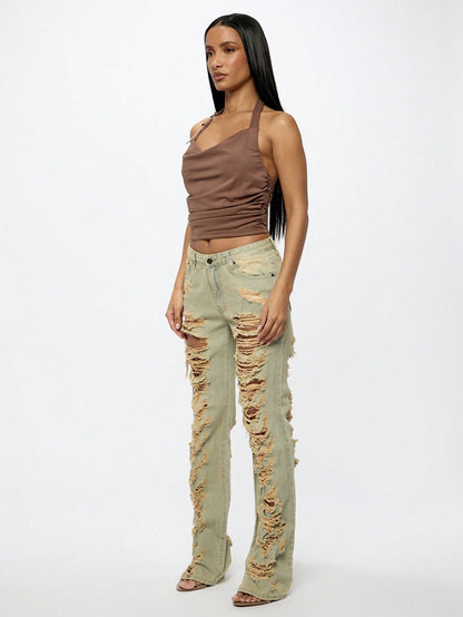 SUMWON WOMEN Shredded Light Wash Denim Jeans 25 26 27 25-26-27-28-29-30-