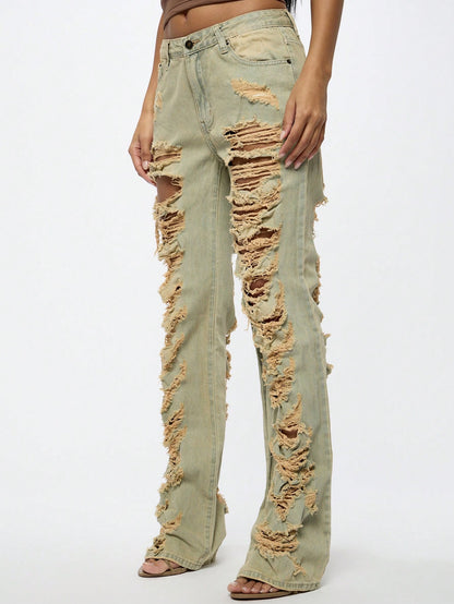 SUMWON WOMEN Shredded Light Wash Denim Jeans 25 26 27 25-26-27-28-29-30-