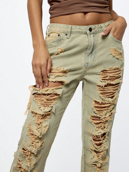 SUMWON WOMEN Shredded Light Wash Denim Jeans 25 26 27 25-26-27-28-29-30-