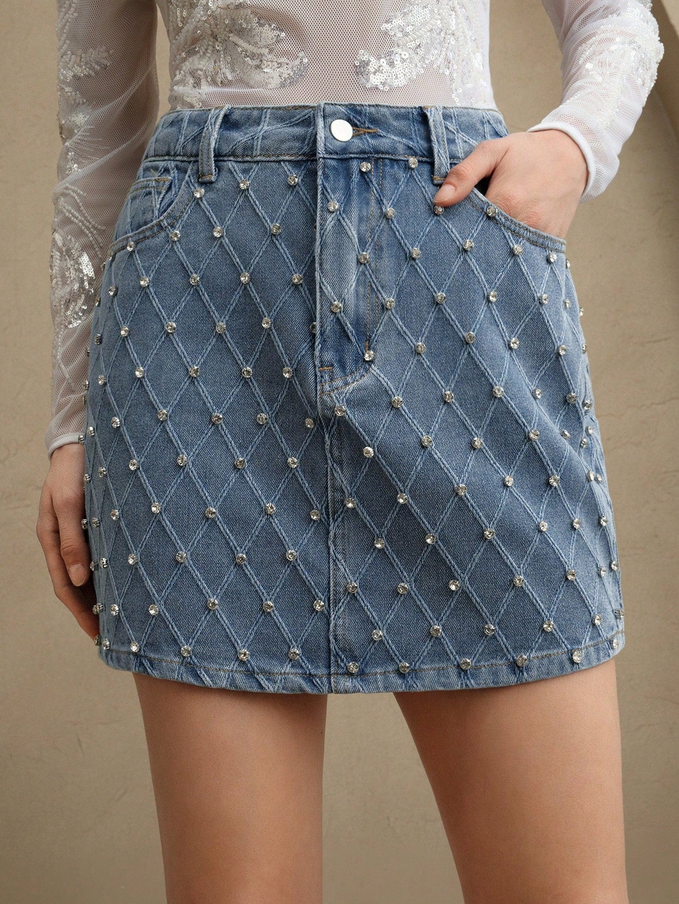 Sparkling Elegance: Rhinestone-Embellished Denim Skirt for Women S M L S-M-L-XL-