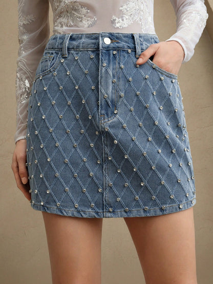 Sparkling Elegance: Rhinestone-Embellished Denim Skirt for Women S M L S-M-L-XL-