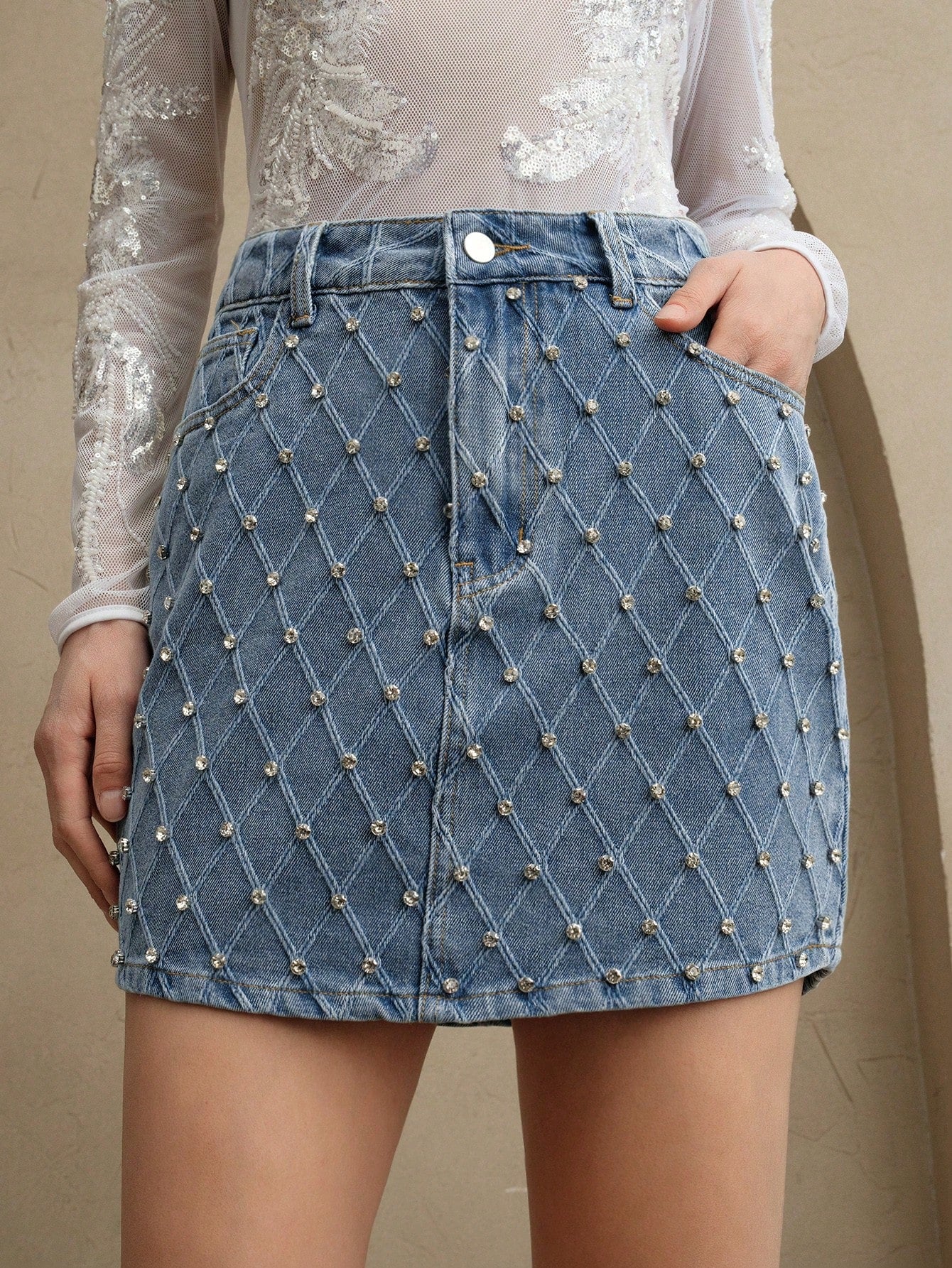 Sparkling Elegance: Rhinestone-Embellished Denim Skirt for Women S M L S-M-L-XL-