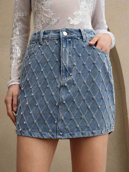 Sparkling Elegance: Rhinestone-Embellished Denim Skirt for Women S M L S-M-L-XL-