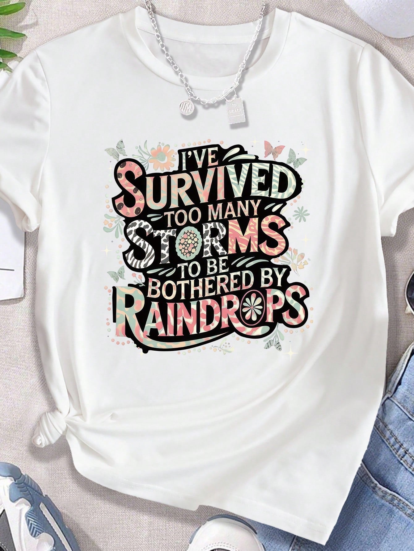 Plus Size Short Sleeved T-Shirt - Too Many Storms Graphic Tee White