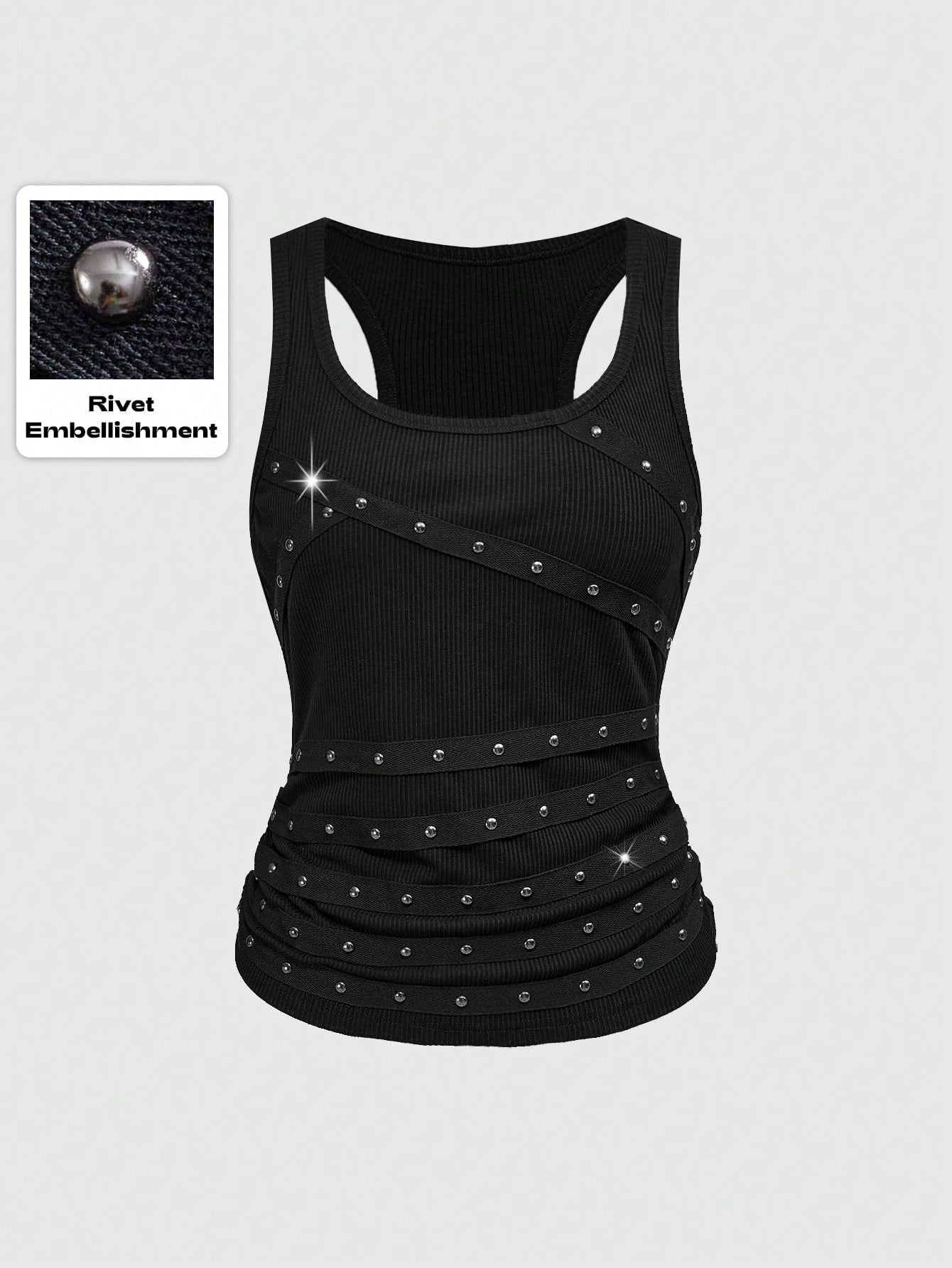 Grunge Punk Sleeveless Black Tank Top with Studded Rhinestones XS S M XS-S-M-
