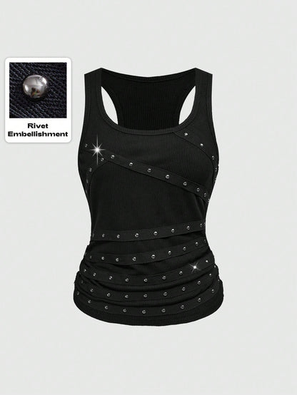 Grunge Punk Sleeveless Black Tank Top with Studded Rhinestones XS S M XS-S-M-