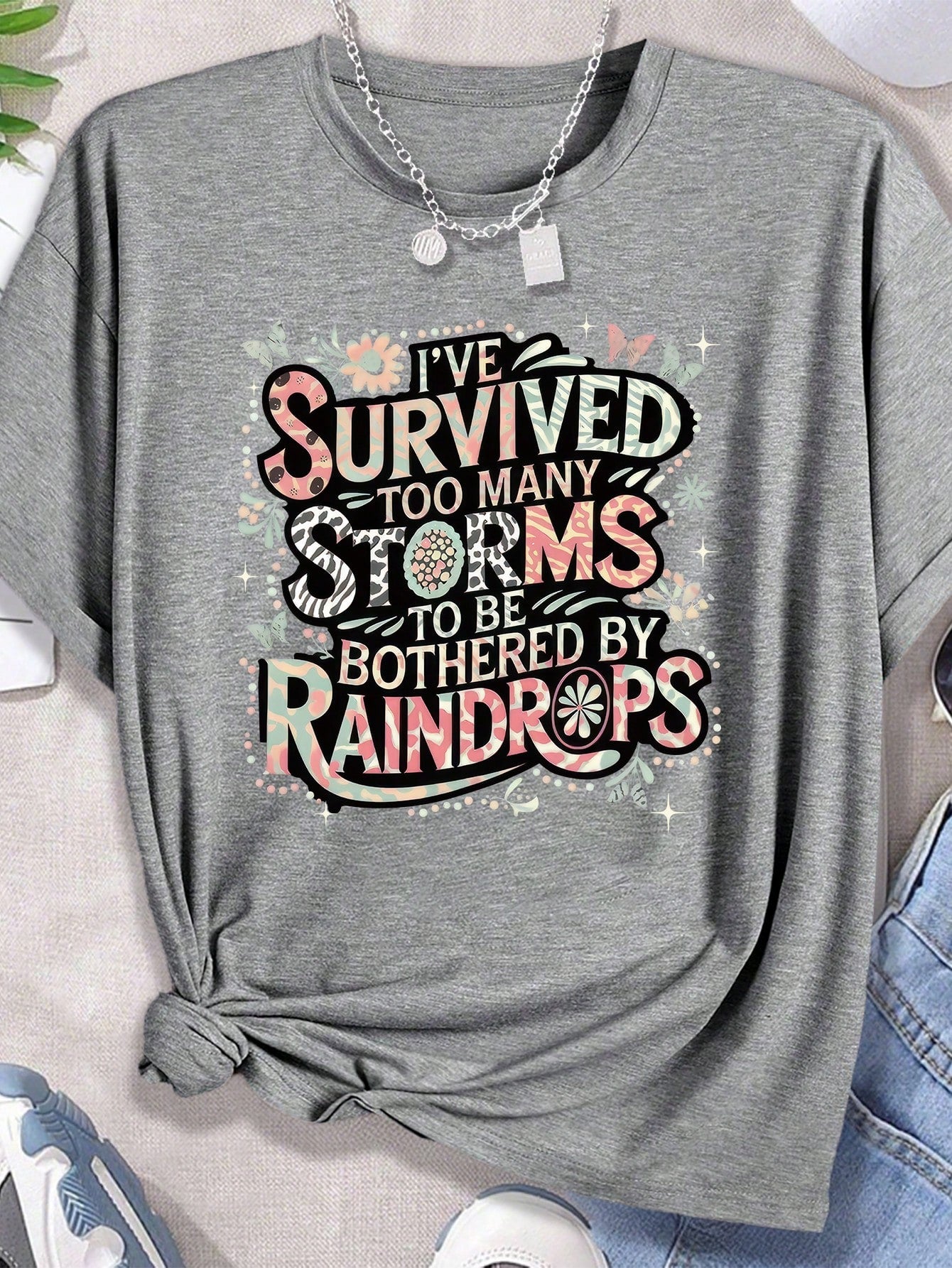 Plus Size Short Sleeved T-Shirt - Too Many Storms Graphic Tee Light Grey