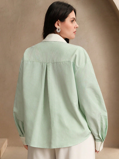 Chic Striped Long Sleeve Blouse with Pearl Rhinestone Eyes - Elegant Casual Top for Spring Blue / 1XL Blue / 2XL Blue / 3XL Blue / 1XL-Blue / 2XL-Blue / 3XL-Blue / 4XL-Green / 1XL-Green / 2XL-Green / 3XL-Green / 4XL-