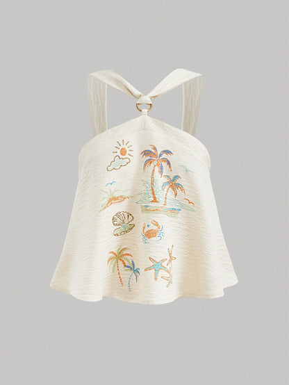 Boho Chic Coconut Tree Print Halter Neck Top for Effortless Vacation Style M S L M-S-L-XS-