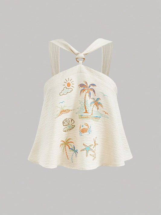 Boho Chic Coconut Tree Print Halter Neck Top for Effortless Vacation Style M S L M-S-L-XS-