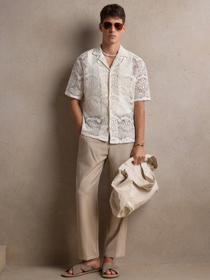 Men's Knit Crocheted Apricot Shirt - Perfect for Summer Weddings, Everyday Casual Wear S M L S-M-L-XL-