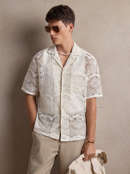 Men's Knit Crocheted Apricot Shirt - Perfect for Summer Weddings, Everyday Casual Wear S M L S-M-L-XL-