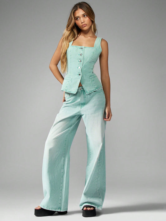 High-Waisted Wide Leg Rigid Denim Jeans 25 26 27 25-26-27-28-29-30-