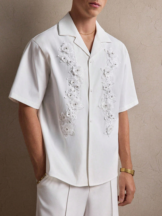 Men's White Floral Loose Shirt with Rhinestone Applique for Casual Spring S M L S-M-L-XL-