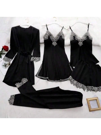 Elegant 5-Piece Women’s Satin Pajama Set with Lace Patchwork and Lace-Up Waist Pink / M Pink / L Pink / XL Pink / M-Pink / L-Pink / XL-Pink / 2XL-Black / M-Black / L-Black / XL-Black / 2XL-Red / M-Red / L-Red / XL-Red / 2XL-Green / M-Green / L-Green / XL-Green / 2XL-