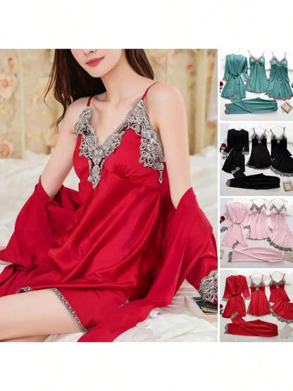 Elegant 5-Piece Women’s Satin Pajama Set with Lace Patchwork and Lace-Up Waist Pink / M Pink / L Pink / XL Pink / M-Pink / L-Pink / XL-Pink / 2XL-Black / M-Black / L-Black / XL-Black / 2XL-Red / M-Red / L-Red / XL-Red / 2XL-Green / M-Green / L-Green / XL-Green / 2XL-