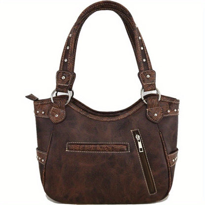 1pc Western Style Faux Leather Handbag with Rhinestone Cross and Conchos, Studded Shoulder Bag with Trifold Wallet Set Beige #2 Black Set Coffee Set Beige #2-Black Set-Coffee Set-Turquoise Set-