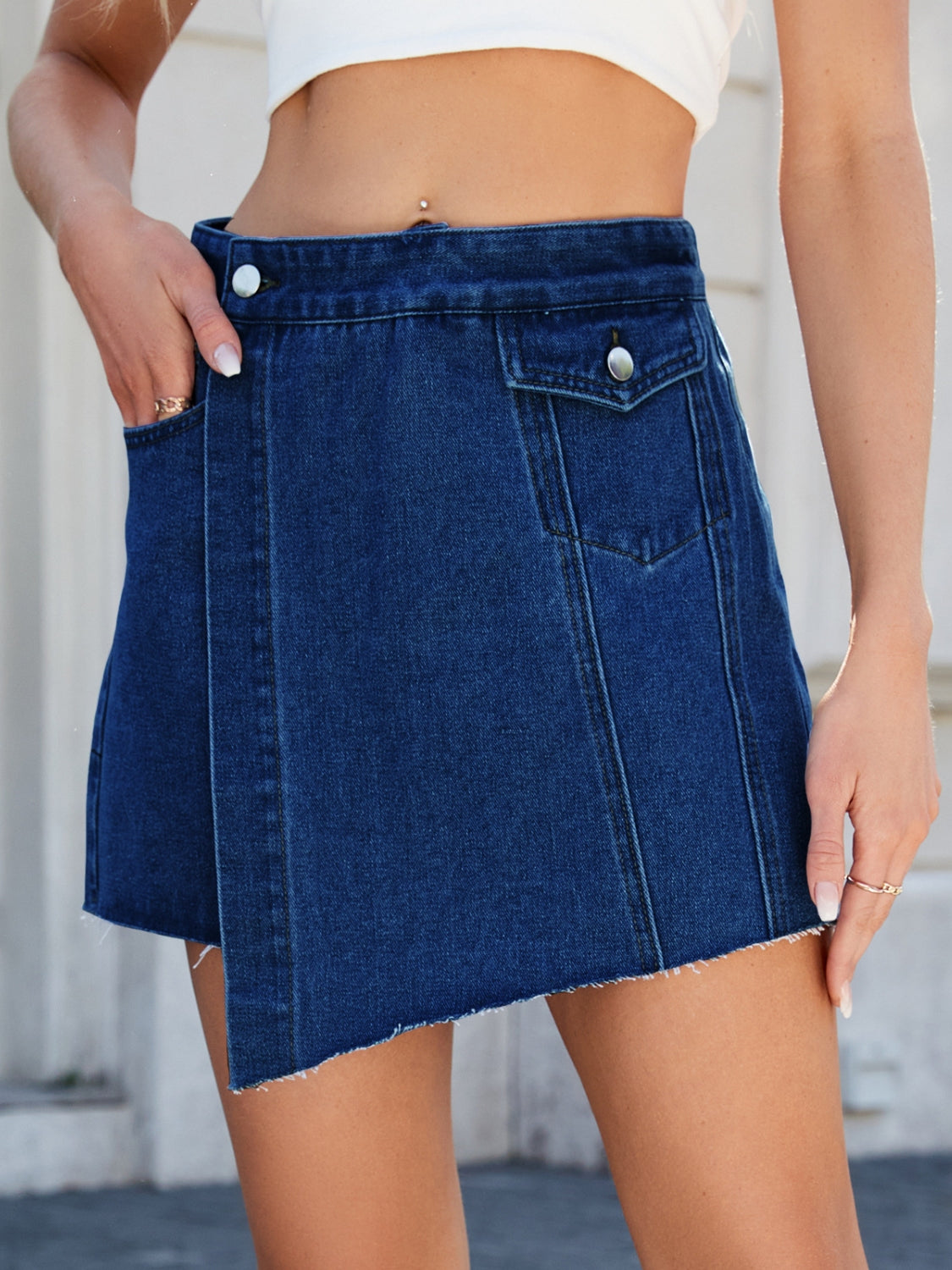 Frayed Hem Asymmetrical Denim Skort Medium / M Dark / M Dark / XL Medium / M-Dark / M-Dark / XL-Dark / S-Medium / L-Medium / XXL-Medium / S-Medium / XL-Dark / XXL-Dark / L-