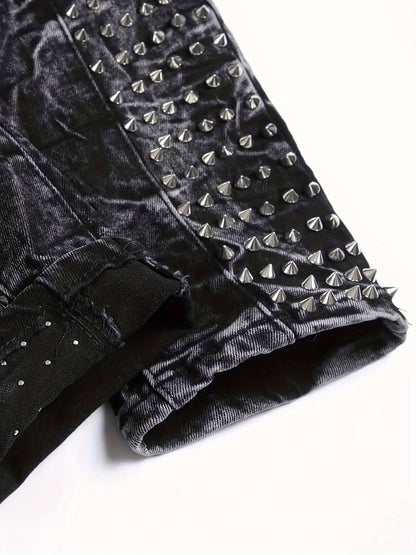 Men's Slim-Fit Rivet-Studded Denim Jeans - Punk Style, Stretch Cotton Blend Black / 30 Black / 32 Black / 34 Black / 30-Black / 32-Black / 34-Black / 36-Black / 38-