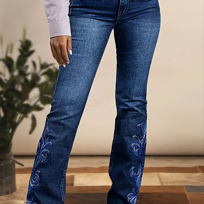 Women'S Blue Elastic Retro Imitation Phoenix Embroidered Flared Jeans
