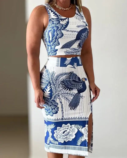 Chic Floral Print Vacation Set: Sleeveless Tank & Slit Slim-Fit Skirt blue / S(4) blue / M(6) blue / L(8-10) blue / S(4)-blue / M(6)-blue / L(8-10)-blue / XL(12)-